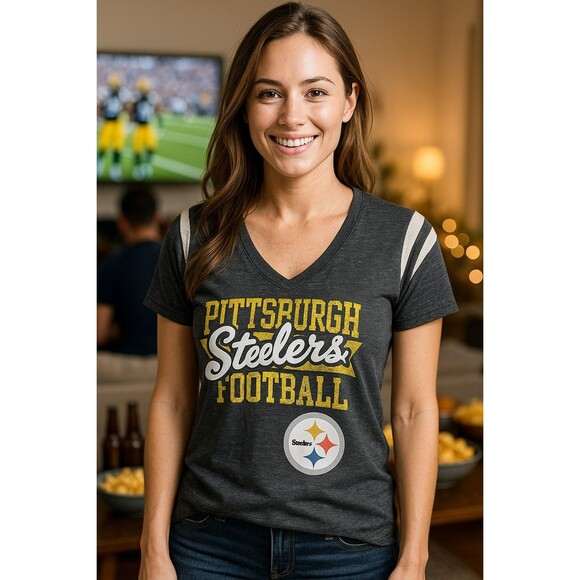 Pittsburgh Steelers Women’s NFL Team Apparel V-Neck T-Shirt Sz L Distressed Look - Picture 1 of 14